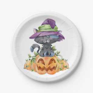 Cute Black Cat and Pumpkins Papieren Bordje
