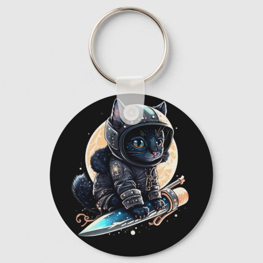 Cute Black Cat Astronaut Sleutelhanger (Voorkant)