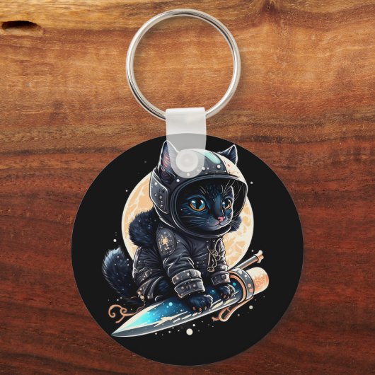 Cute Black Cat Astronaut Sleutelhanger (Voorkant)