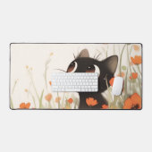 Cute Black Cat Big Eye Orange Poppy Meadow Bureaumat (Keyboard & Muis)