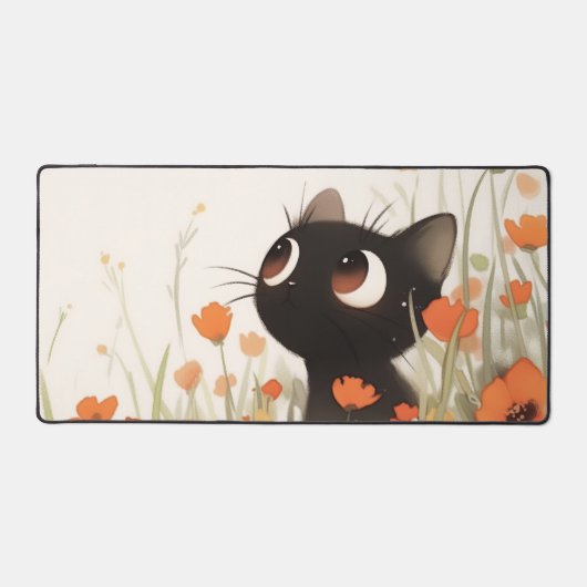 Cute Black Cat Big Eye Orange Poppy Meadow Bureaumat (Voorkant)