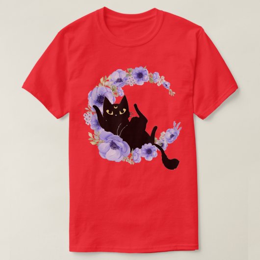 Cute Black Cat Blue Flower Crescent Moon Luna Cele T-shirt (Design voorkant)