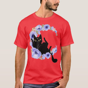 Cute Black Cat Blue Flower Crescent Moon Luna Cele T-shirt