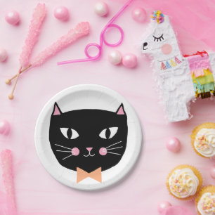 Cute Black Cat Bow Stropdas Halloween Birthday Papieren Bordje