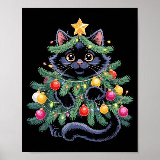 Cute Black Cat Christmas Tree Funny Kitten Lover X Poster (Voorkant)