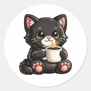 Cute Black Cat Coffee – Gezellige Kawaii Kat Illus Ronde Sticker