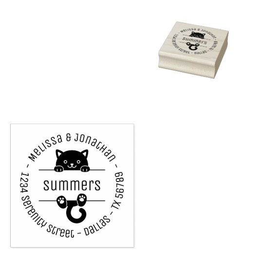 Cute Black Cat Couple Family Round Address 2 Rubberstempel (Gestempeld)