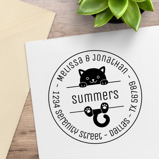 Cute Black Cat Couple Family Round Address Rubberstempel