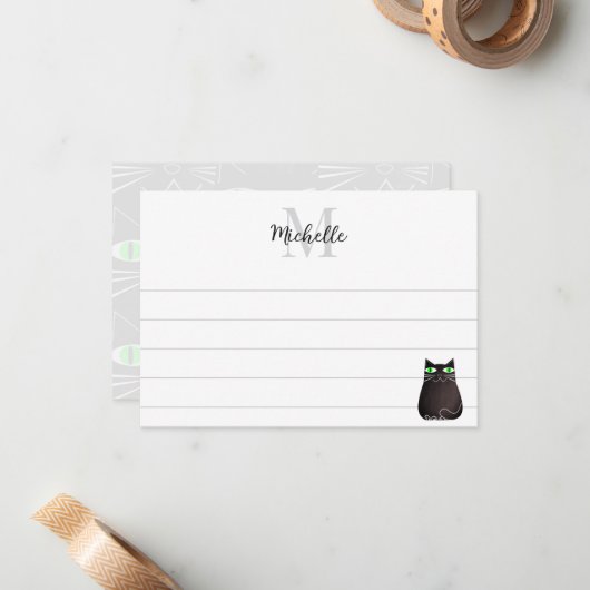 Cute Black Cat Custom Lined Monogram Notitiekaartje (Voorkant / Achterkant in situ)