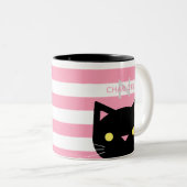 Cute Black Cat Custom Name & Initiaal Tweekleurige Koffiemok (Voorkant rechts)