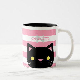 Cute Black Cat Custom Name & Initiaal Tweekleurige Koffiemok