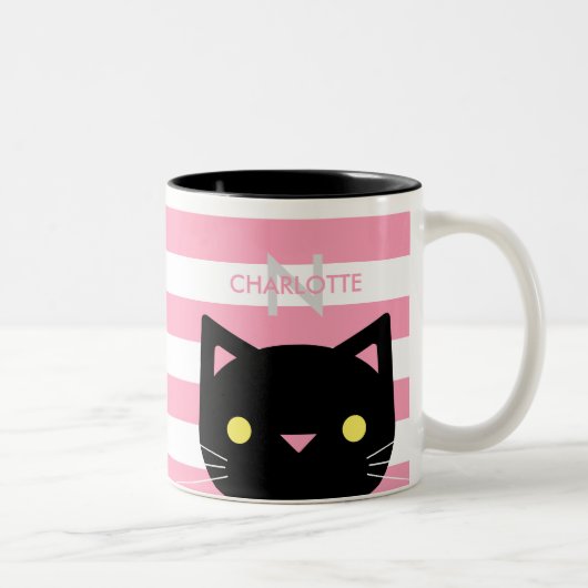 Cute Black Cat Custom Name & Initiaal Tweekleurige Koffiemok (Rechts)