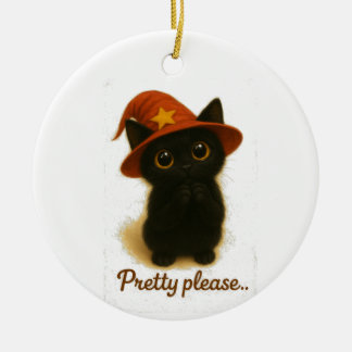 Cute Black Cat Emi Begging Pose – Kawaii Witch Hat Keramisch Ornament