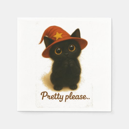 Cute Black Cat Emi Begging Pose – Kawaii Witch Hat Servet (Voorkant)