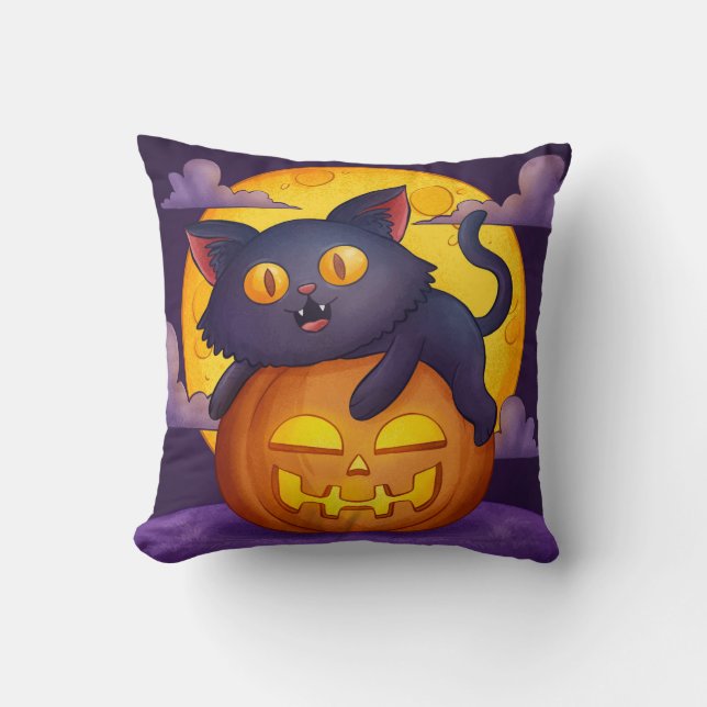 Cute Black Cat en Pumpkin Halloween Kussen (Voorkant)