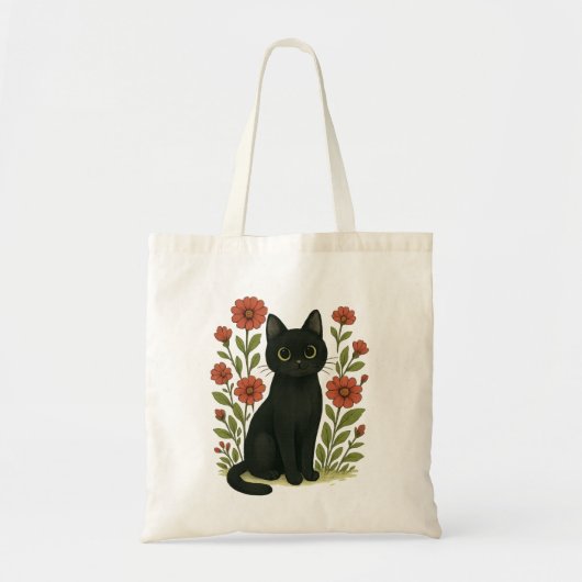 Cute Black Cat Floral Tote Bag (Voorkant)