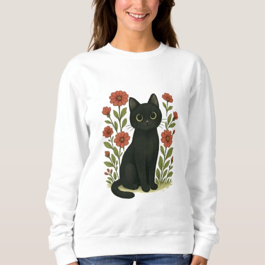 Cute Black Cat & Flower Garden Women’s sweatshirt (Voorkant)