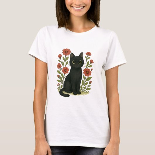 Cute Black Cat & Flower Garden Women’s Tee T-shirt (Voorkant)