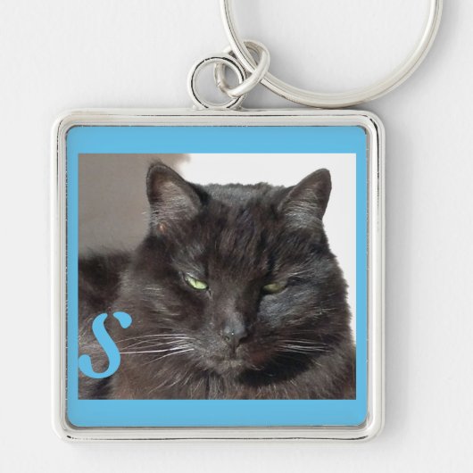 Cute Black Cat Foto Turquoise Persoonlijk Sleutelhanger (Voorkant)