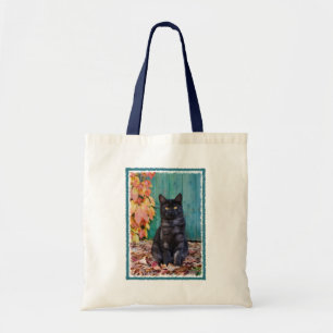 Cute Black Cat Funny Kitten Red Leaves Blue Dep - Tote Bag