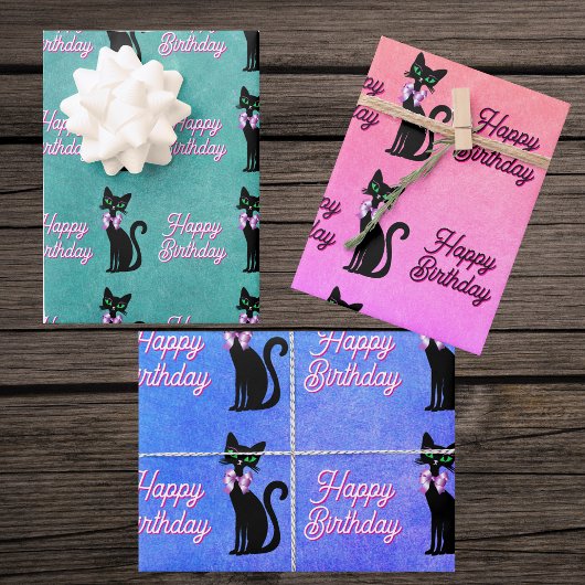 Cute Black Cat Green Eyes Bow Happy Birthday Inpakpapier Vel