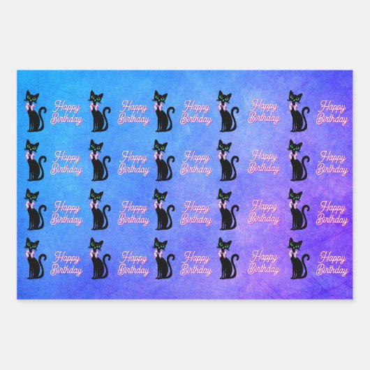 Cute Black Cat Green Eyes Bow Happy Birthday Inpakpapier Vel (Voorkant 3)
