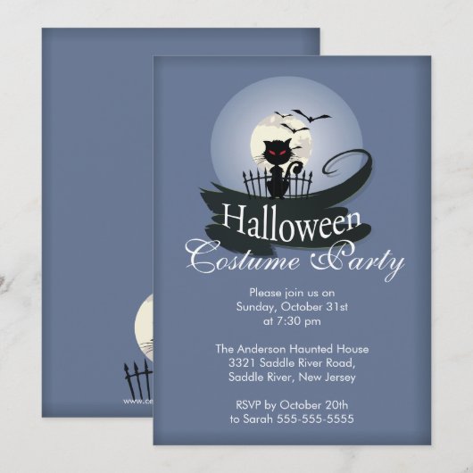 Cute Black Cat Halloween Costume Party Invitation Kaart (Voorkant / Achterkant)