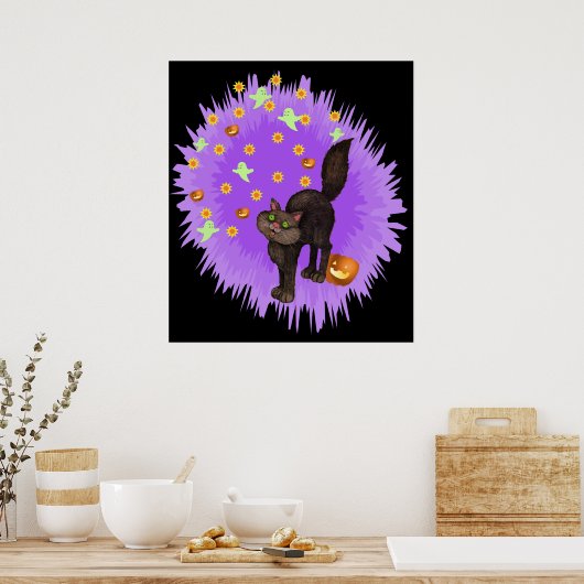 Cute Black Cat Halloween Paarse Star Burst Poster (Keuken)