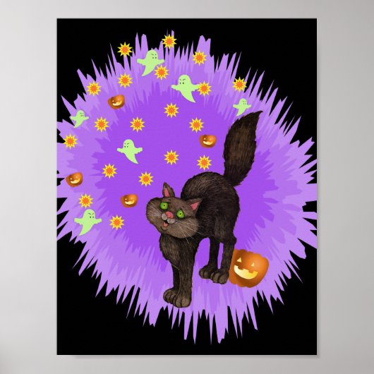 Cute Black Cat Halloween Paarse Star Burst Poster (Voorkant)