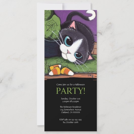 Cute Black Cat Halloween Party Invitation Kaart (Voorkant)