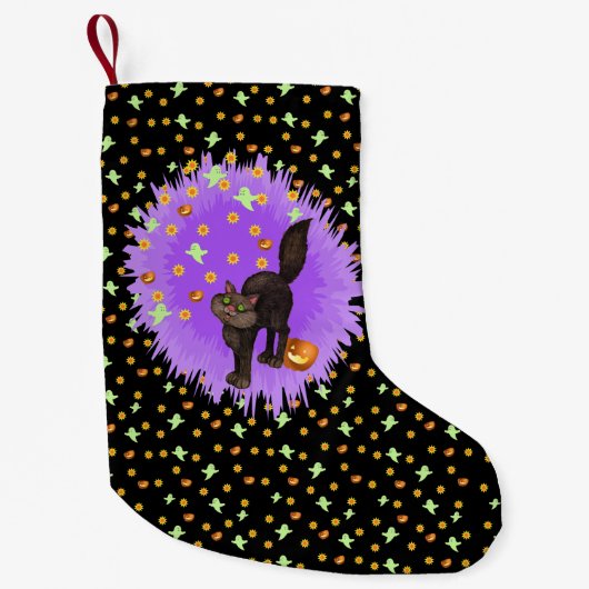 Cute Black Cat Halloween Stars Ghosts Pumpkins Kleine Kerstsok (Voorkant)