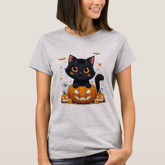 Cute Black Cat Halloween T-Shirt | Kawaii (Voorkant)