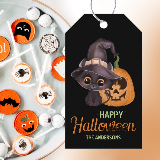 Cute black cat Happy Halloween carved pomkin Cadeaulabel