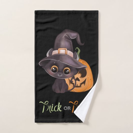 Cute black cat Happy Halloween carved pomkin Handdoek (Handdoek)