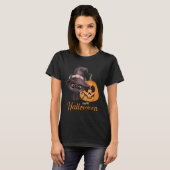 Cute black cat Happy Halloween carved pomkin T-shirt (Voorkant volledig)