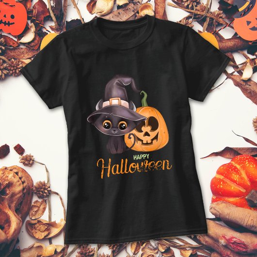 Cute black cat Happy Halloween carved pomkin T-shirt