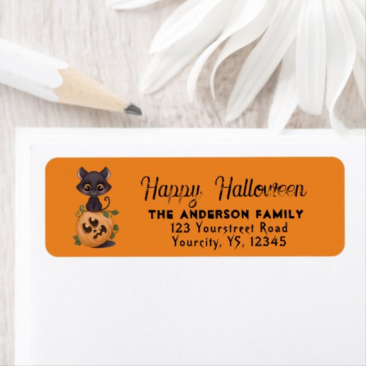 Cute black cat Happy Halloween carved pumpkin Labs Etiket (Insitu)
