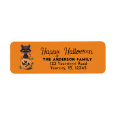 Cute black cat Happy Halloween carved pumpkin Labs Etiket (Voorkant)