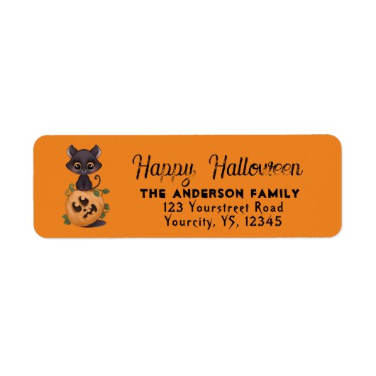 Cute black cat Happy Halloween carved pumpkin Labs Etiket (Voorkant)