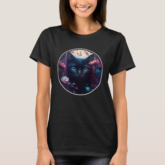 Cute Black Cat Hiding in Spring Flowers Aesthetic T-shirt (Voorkant)
