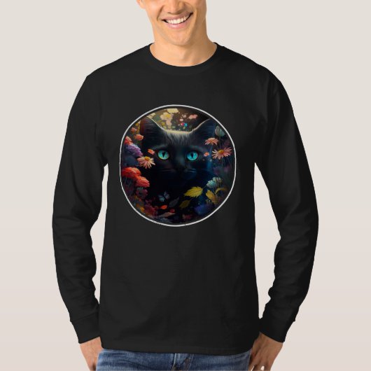 Cute Black Cat Hiding in Spring Flowers Aesthetic  T-shirt (Voorkant)