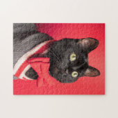 Cute Black Cat in Bow Stropdas op rood Legpuzzel (Horizontaal)