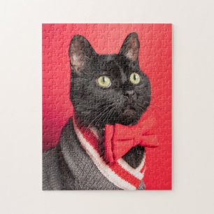 Cute Black Cat in Bow Stropdas op rood Legpuzzel