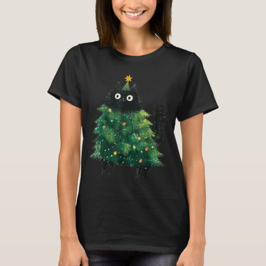 Cute Black Cat In Christmas Tree Cat Lover Holiday T-shirt (Voorkant)