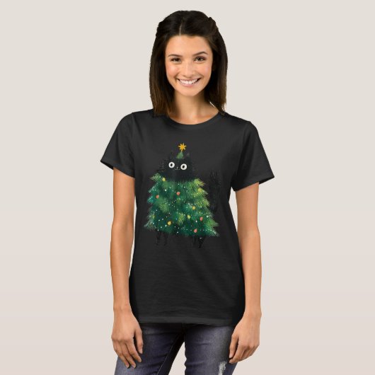 Cute Black Cat In Christmas Tree Cat Lover Holiday T-shirt (Voorkant volledig)