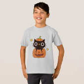 Cute Black Cat in pomkin Carving Happy Halloween T-shirt (Voorkant volledig)