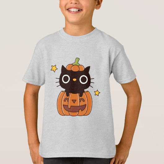 Cute Black Cat in pomkin Carving Happy Halloween T-shirt (Voorkant)