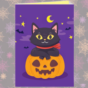 Cute Black Cat in Pumpkin Halloween Kaart