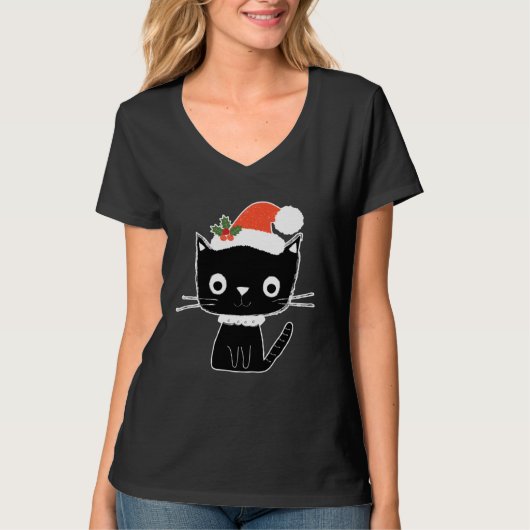 Cute Black Cat in Santa Claus Hat T-shirt (Voorkant)