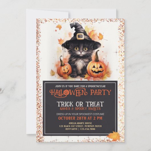 Cute Black Cat in Witch Pet Kinder Halloween Party Kaart (Voorkant)